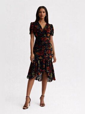 MILLY Revolve Gynn Velvet Floral Burnout Midi Dress Multicolored Size 2
